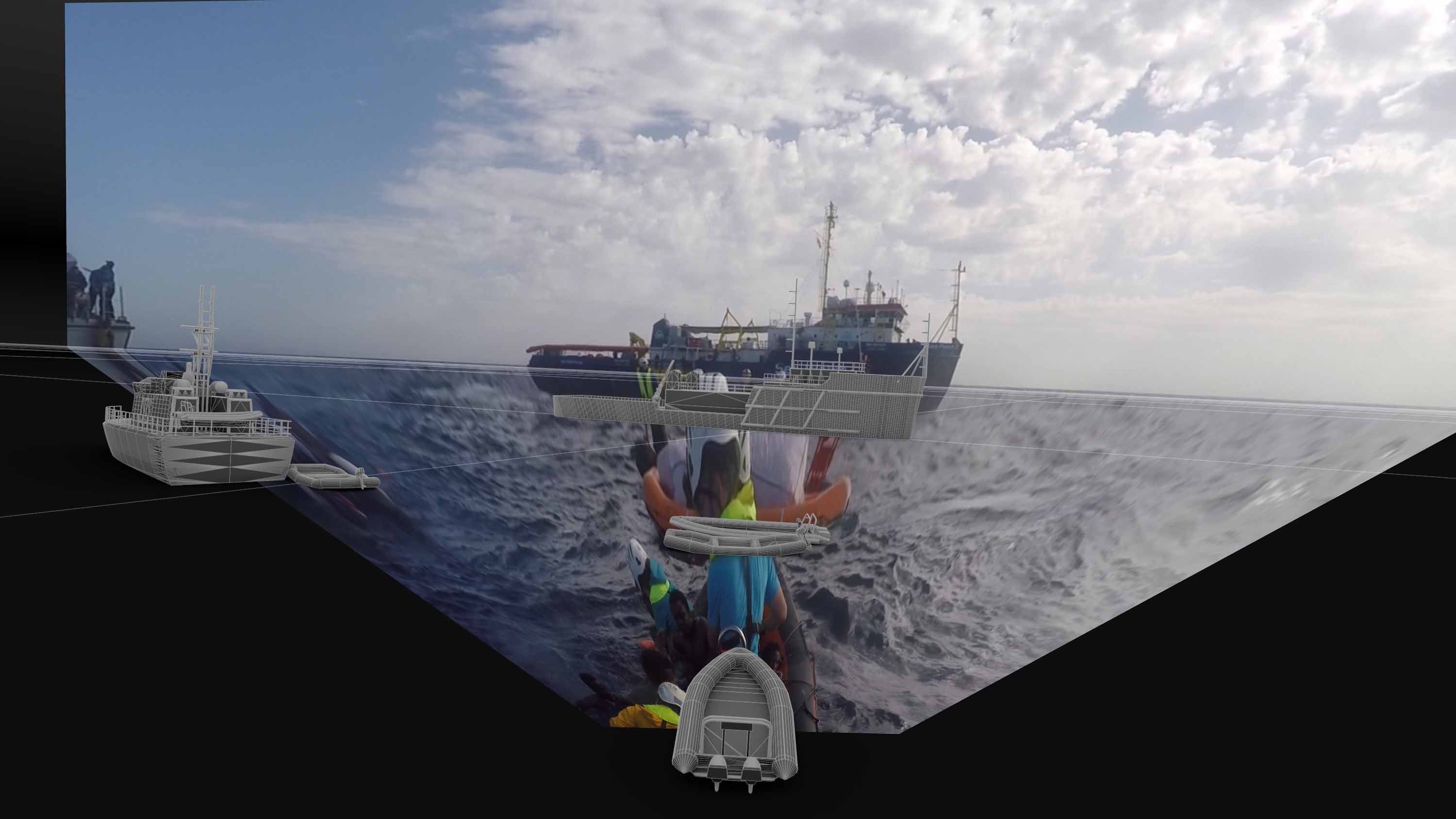 Forensic Architecture, Crew members from the NGO vessel Sea-Watch 2 approach a migrant boat, 2017, Composite of digital models and projected images. Photo credit: Forensic Oceanography and Forensic Architecture, 2018