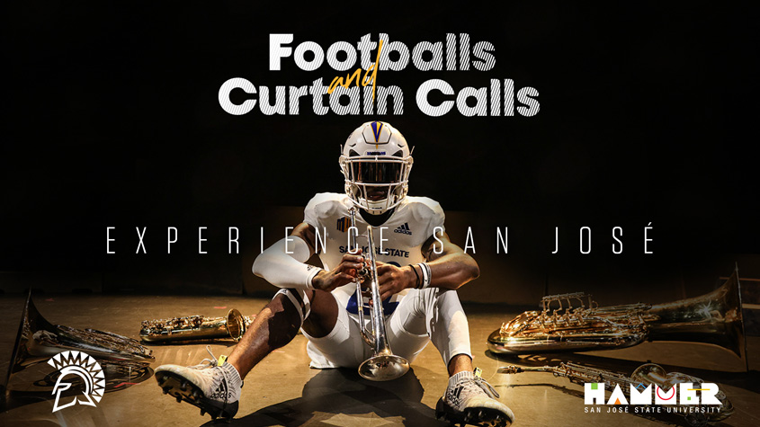 A SJSU football player sits under a spotlight while holding a trumpet with the words Experience San Jose.