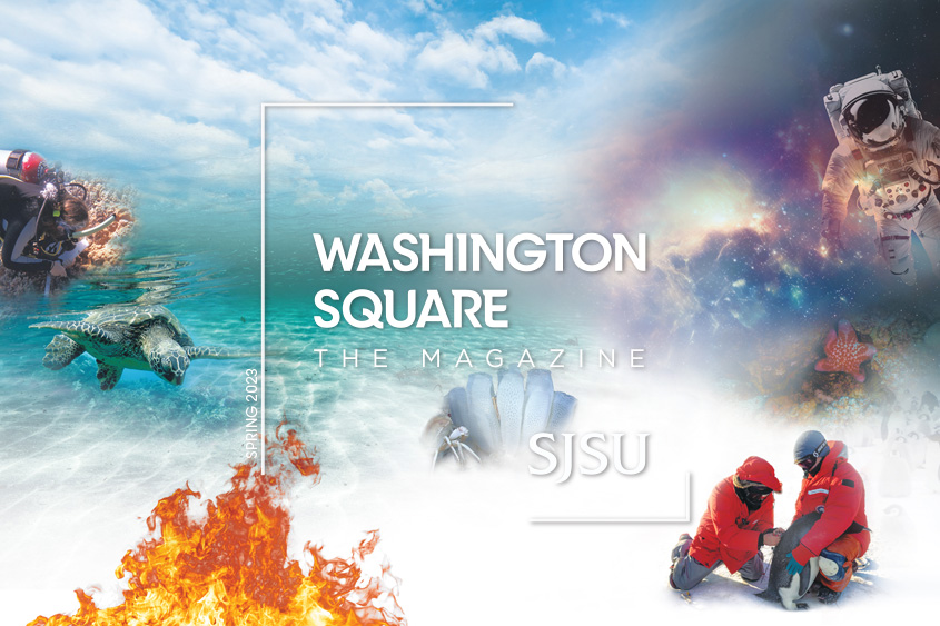 Washington Square: The Magazine logo over a collage of researchers with penguins, an astronaut in space, a scuba diver with a turtle and flickering flames.