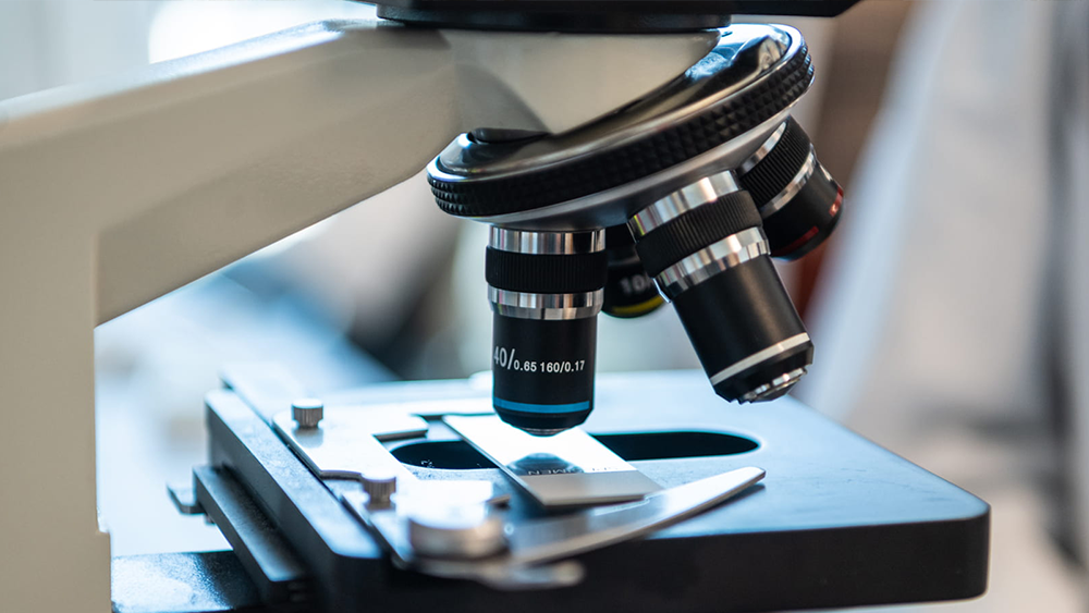 Closeup of a microscope examining samples