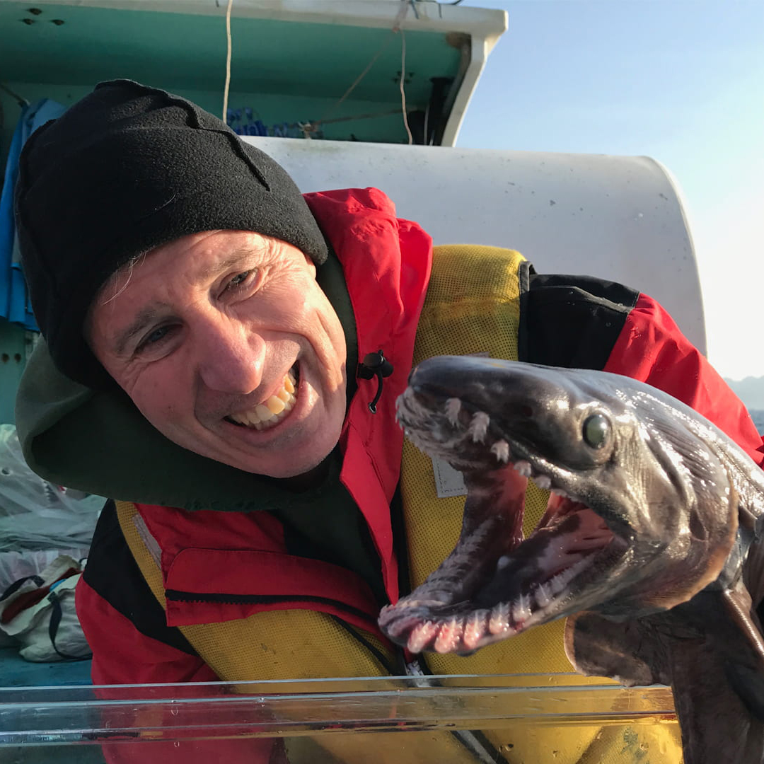 Dave Ebert with a frilled shark in Suruga Bay, Japan