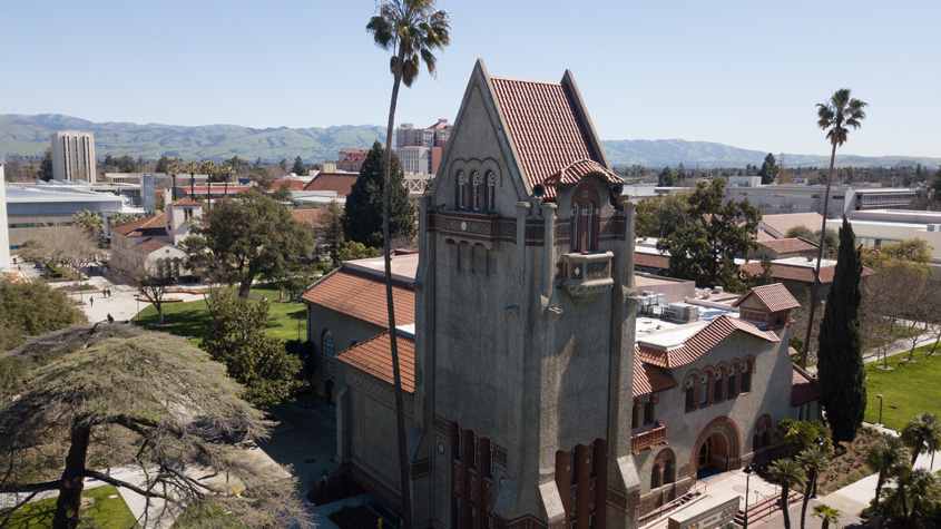 Aerial view of Tower hall and campus.