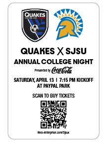 SJ Quakes annual college night promo tile with QR code to tickets