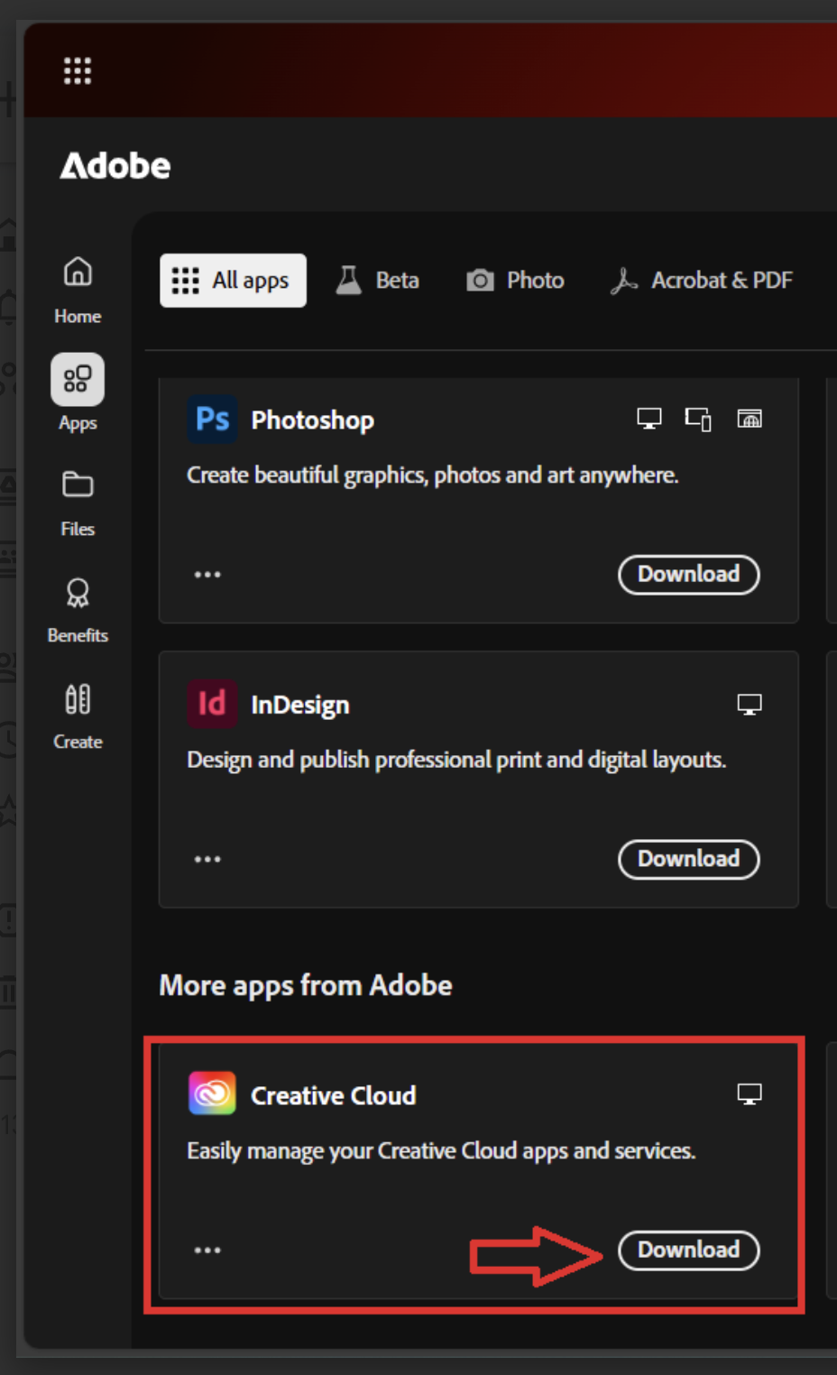 download Creative Cloud menu