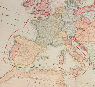 Map depicting journey of Broadwood fortepiano through Europe