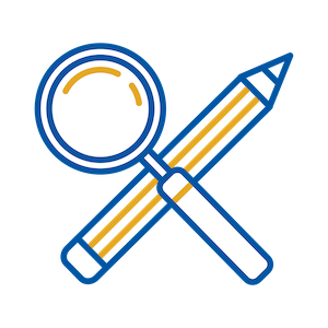 Magnifying glass and pencil icon.