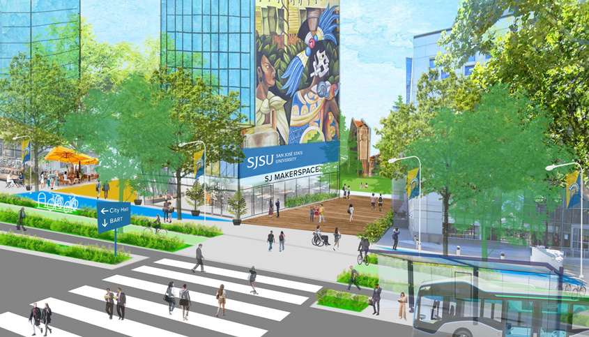 Illustration of a re-imagined San Fernando street of campus with a mural.
