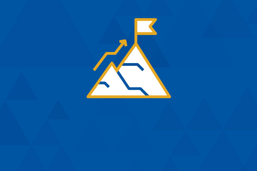 Icon of a mountain and an arrow pointint up with a flag at the tip.