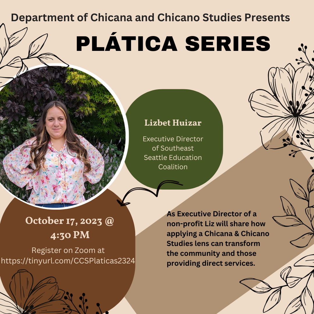 Flyer featuring Liz Huizar. Next plática speaker will be on October 17, 2023 at 4:30. To register click on the link.