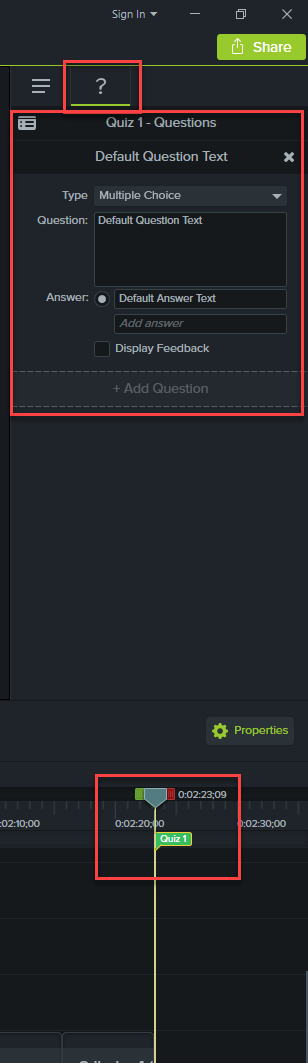 Quiz marker added to the timeline with quiz options in the properties panel