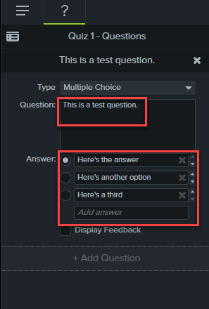 Adding questions and answers in the quiz question fields