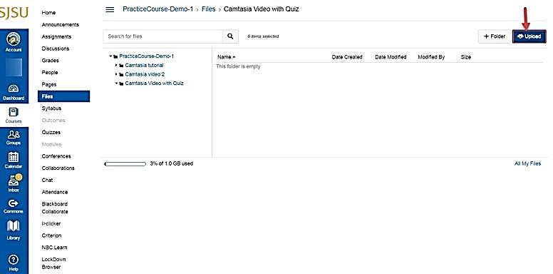 Canvas Files area with the + Folder and Upload buttons