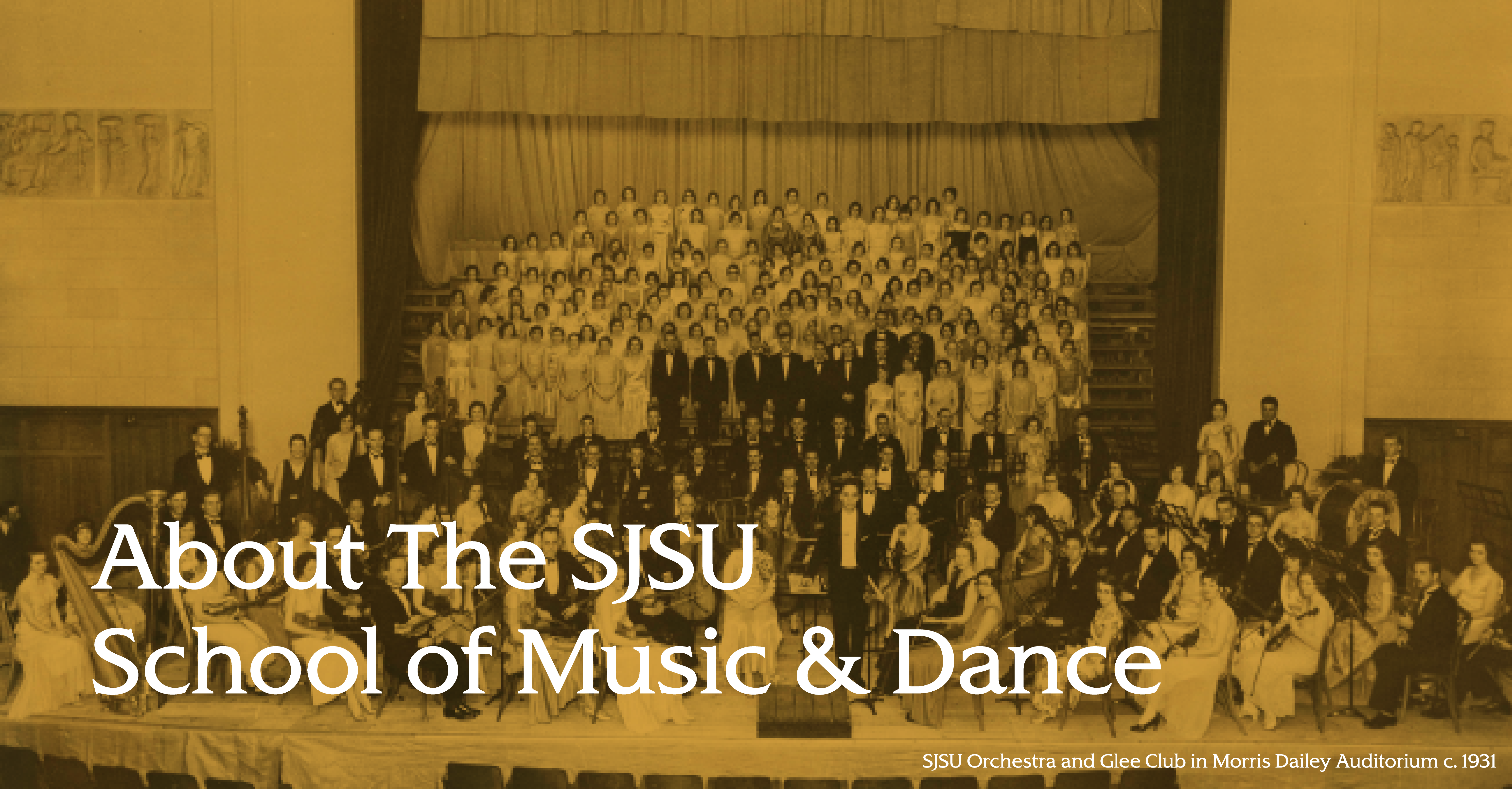 Historic image of School of Music and Dance musicians and dancers on stage.
