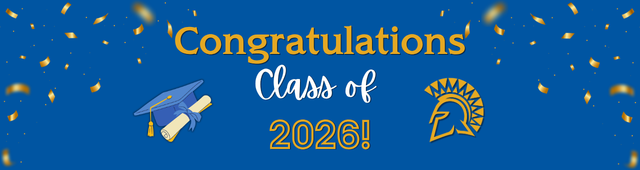 congratulations class of 2026 banner with gold spartan spirit helmet