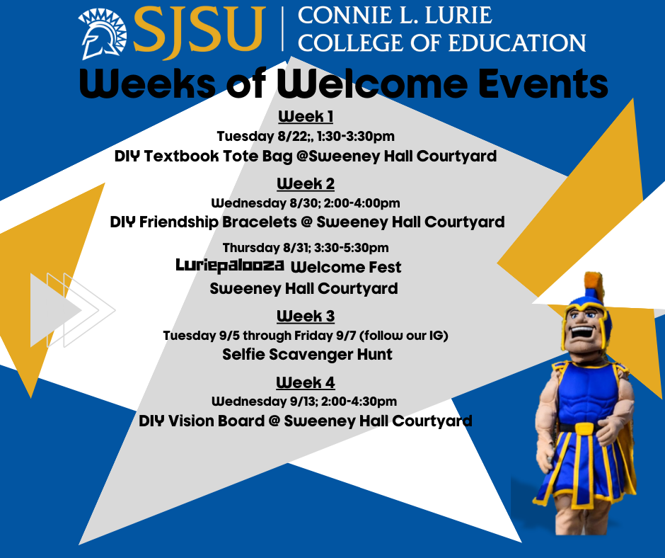 Lurie College Weeks of Welcome Events Flyer with information on weeks of welcome on blue white yellow and gray flyer that shows sammy the spartan
