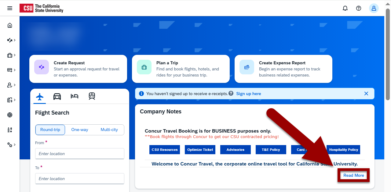 An image of the Concur landing page with a large arrow pointing at a Read More button.