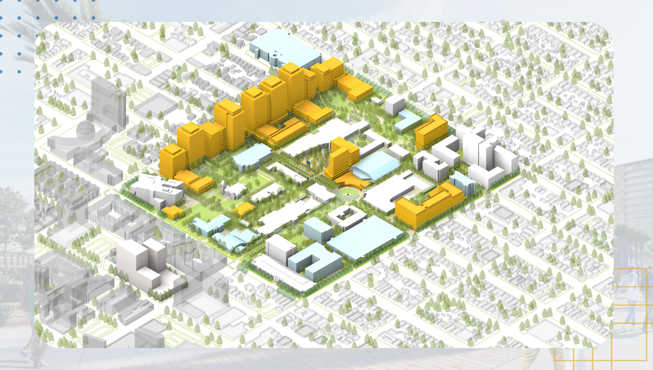 Block rendering aerial view of the campus with imagined future buildings.
