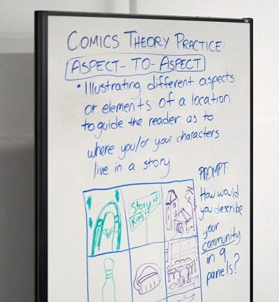whiteboard with instructions on how to create a comics series panel