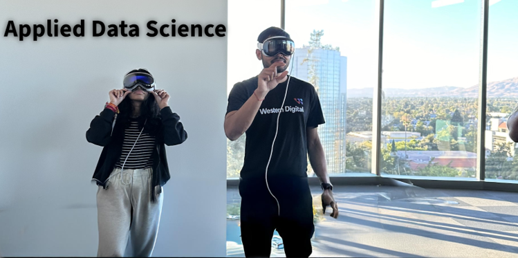 students with vr devices with applied data science sign in background