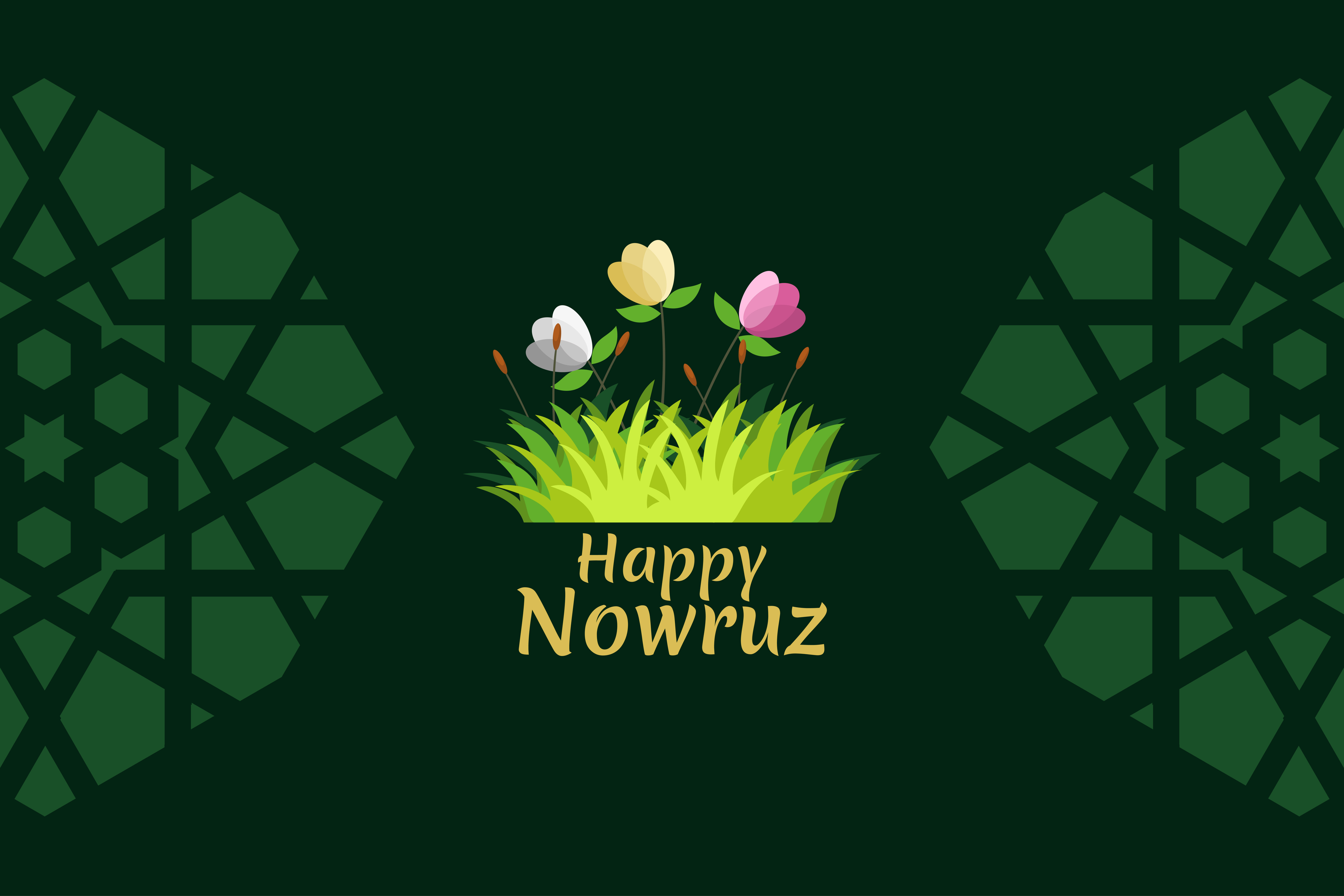 Happy Nowruz on a dark green background with grass and flowers above the words