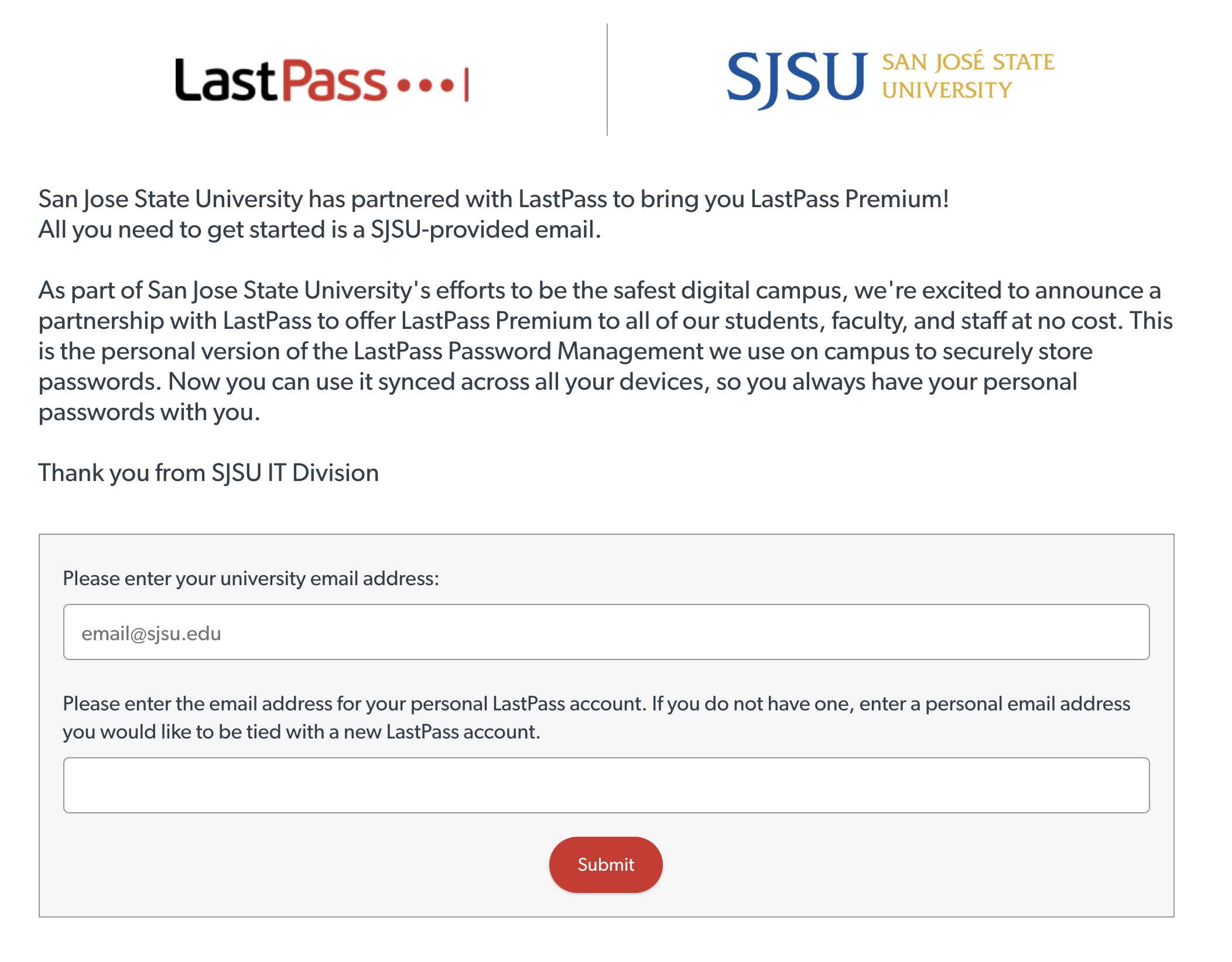 SJSU LastPass Signup Page