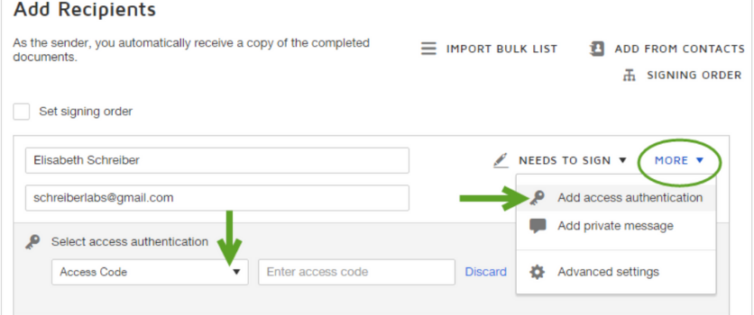 Screenshot of how to select access codes in DocuSign.
