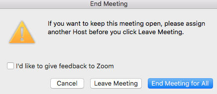 Zoom end meeting choices: cancel, leave meeting, and end meeting for all.