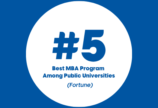 Blue and white badge showcasing that Fortune Magazine ranked SJSU #5 for Best MBA Program Among Public Universities