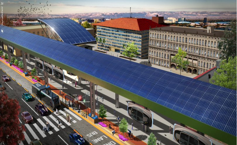 computer generated color image of a solar powered public transit system suspended over the center of regular roads.