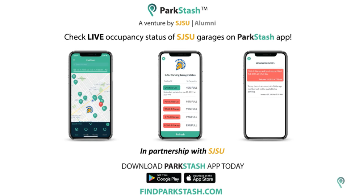 Three distinct images of how the ParkStash App displays on mobile phones.