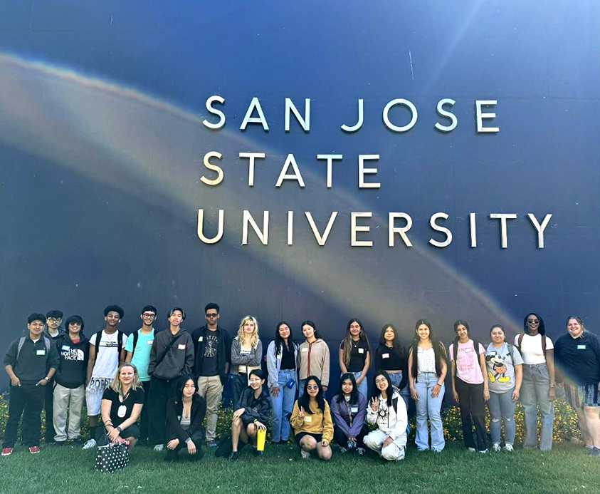 Tech Academy students pose for a group photo in front of the SJSU Science Building.