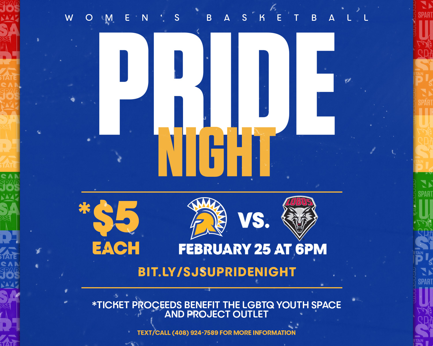 SJSU PRIDE Night text, with blue background and rainbow bars on the sides