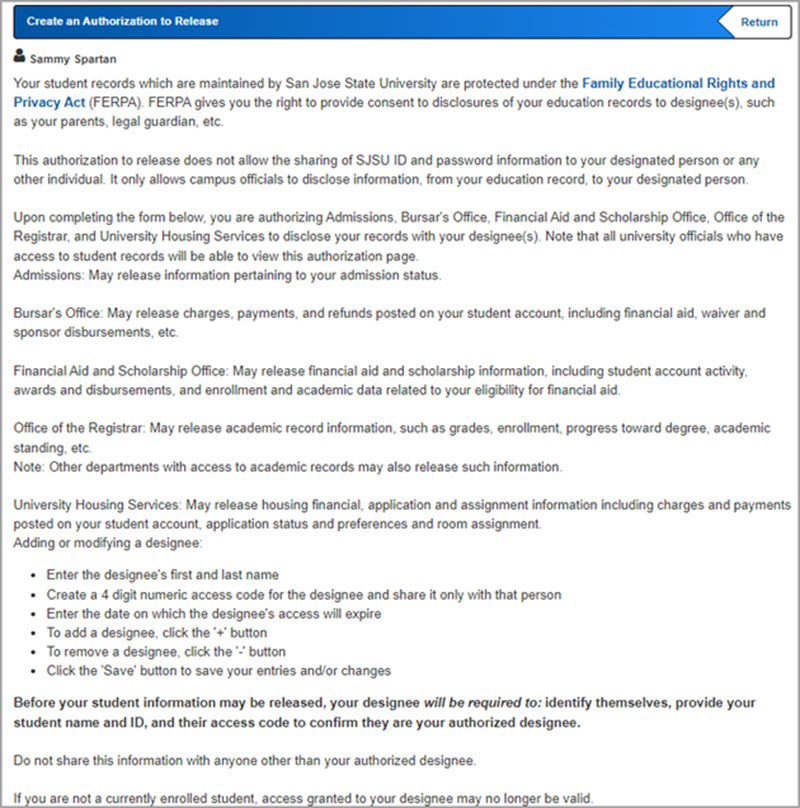 Create an Authorization to Release page explaining FERPA consent and the types of student record information that may be shared with a designated individual.
