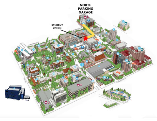 Map of North Garage parking and direction to Student Union