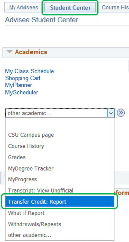 Screen Shot of Student Center Tab, Transfer Credit Report is under Academic