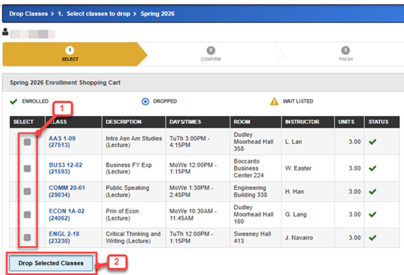 screenshot where to select classes to drop via MySJSU