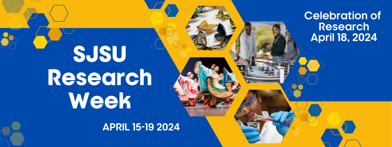 research week, april 15-19, 2024 banner advertisement including pictures of dancers, butterflies, people in lab, and someone showing off a spartan speedway model