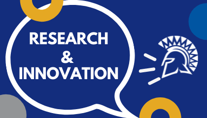 Logo with Spartan head and the words Research & Innovation in a talk bubble