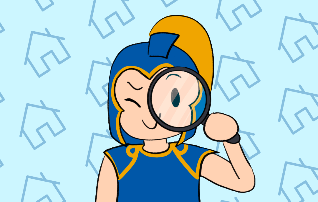 Illustration of Sammy Spartan with a magnifying glass up to his eye.