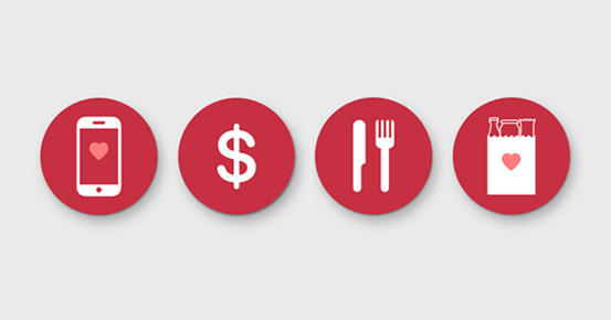 Showing the many ways to give with icons of money, phone, meals and groceries.