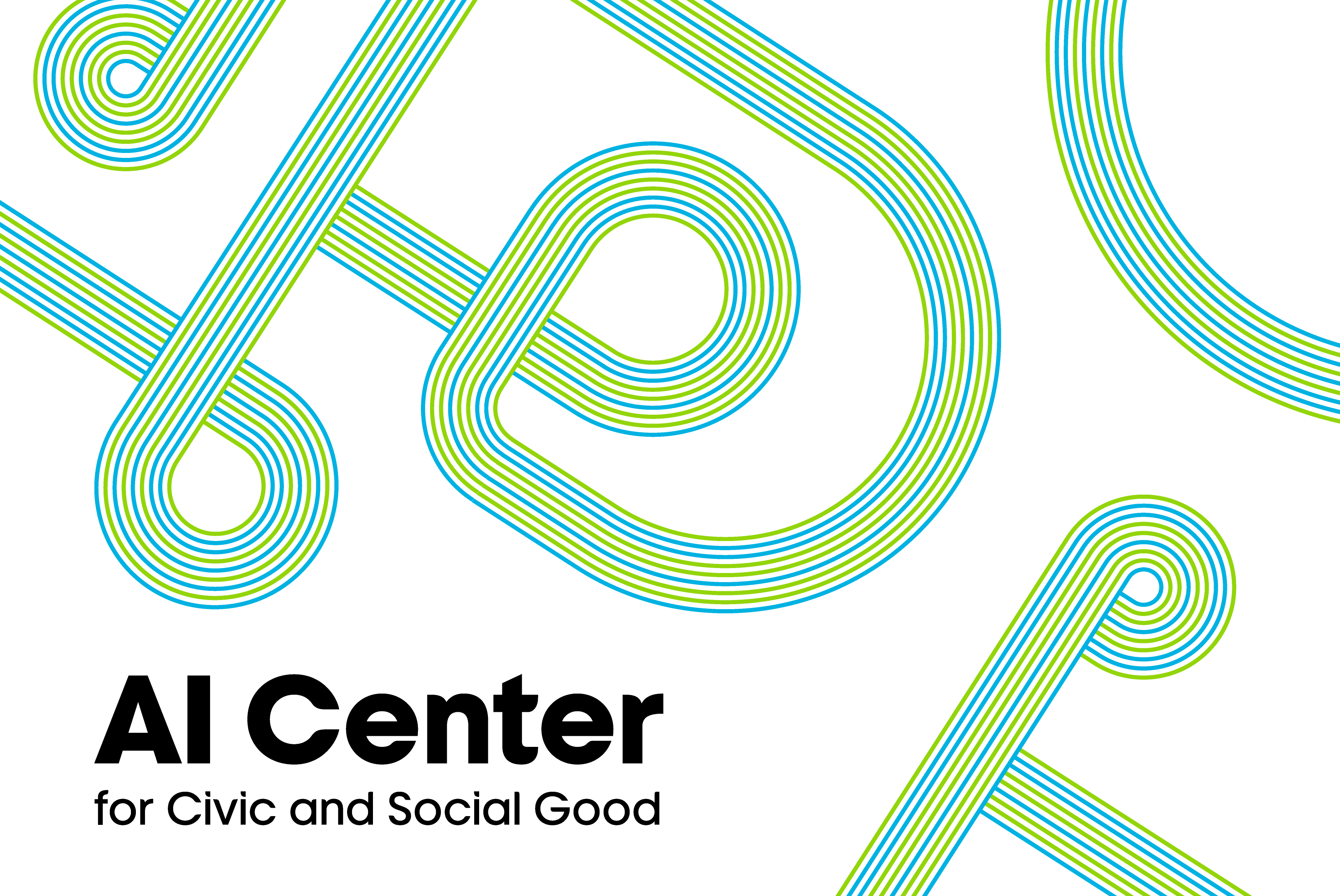 Graphic with abstract blue and green looping line patterns on a light gray background. Bold black text in the lower left reads: “AI Center for Civic and Social Good.”