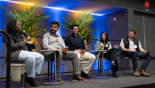 Angel Idusuyi, ’24 Entrepreneurship, Zain Zaidi, ’21 Electrical Engineering, and Sameer Saran, ‘18 MS Computer Engineering, discuss their entrepreneurial pathways at the SJSU Lucas College of Business Entrepreneurial Ecosystem Launch.