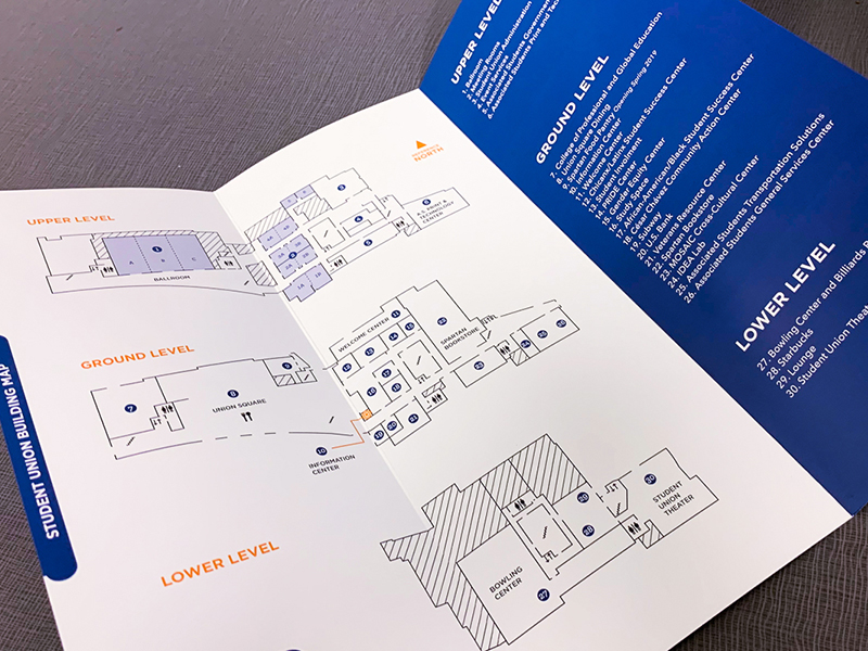 Photo of the Student Union floorplan and maps brochure.