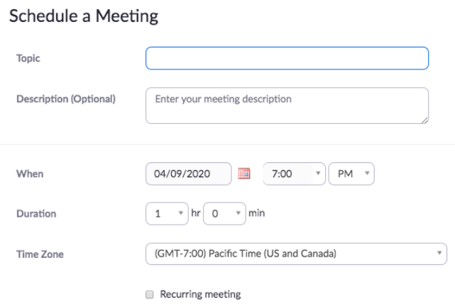 Schedule a Zoom meeting options including topic, date and time.