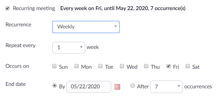 Zoom date and time recurring meeting options.