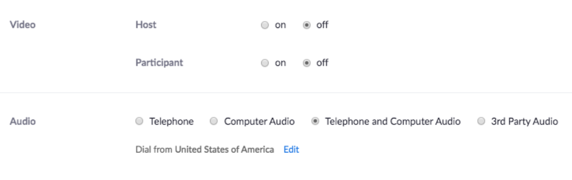 Zoom audio and video options, such as on or off.
