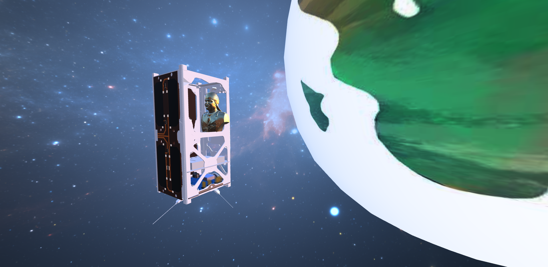 Installation view of Canto III (cubesat) in New Art City.  The cubesat is floating in space above Earth.  The cubesat has a gold bust of Saddam Hussein inside of it.