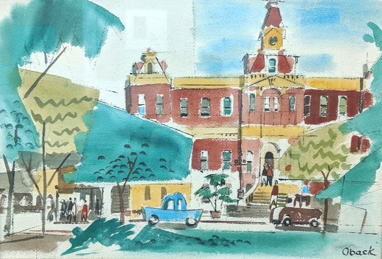 Watercolor painting of an urban scene by Eric Nils Oback, SJSU Professor Emeritus.