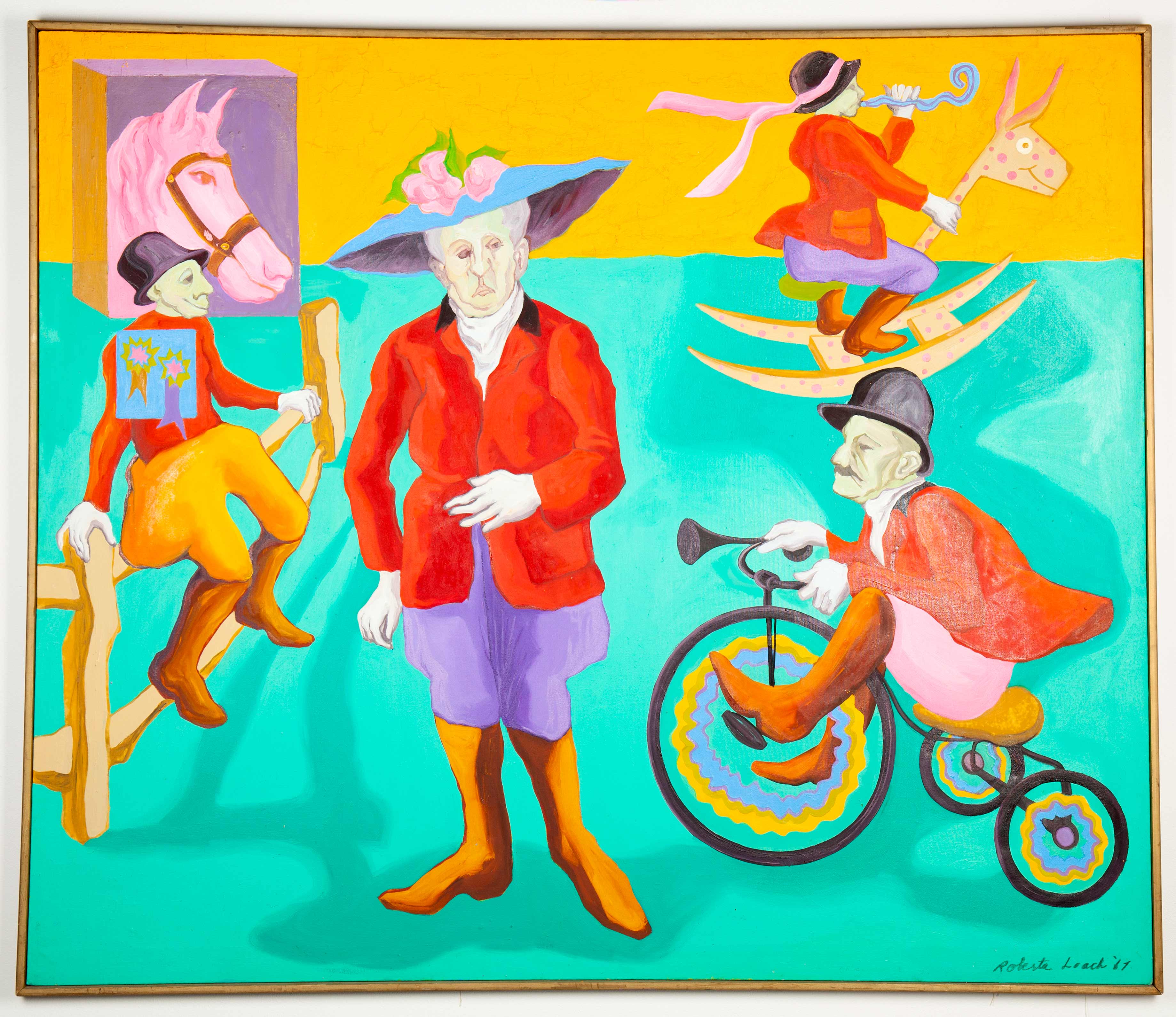 Colorful painting of four figures and a block with a horse head
