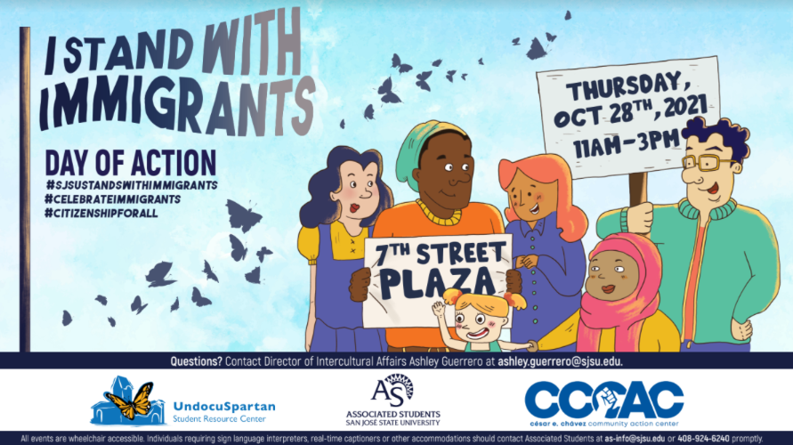 Flyer for Immigrant Day of Action on October 28 from 11 am to 2 pm on 7th street plaza. 